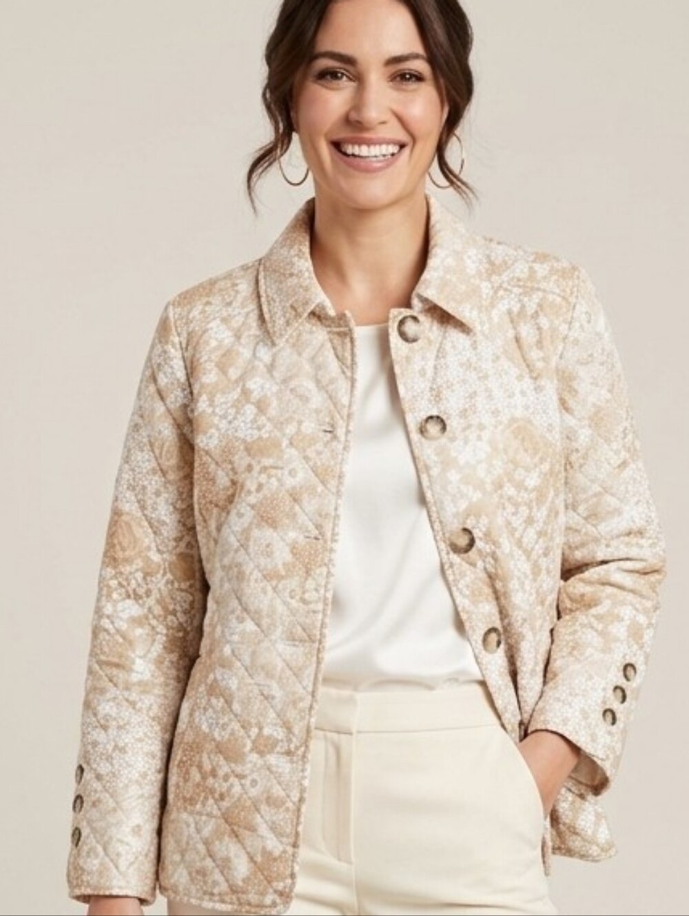 Chico's Beige Quilted Patterned Puffer Jacket